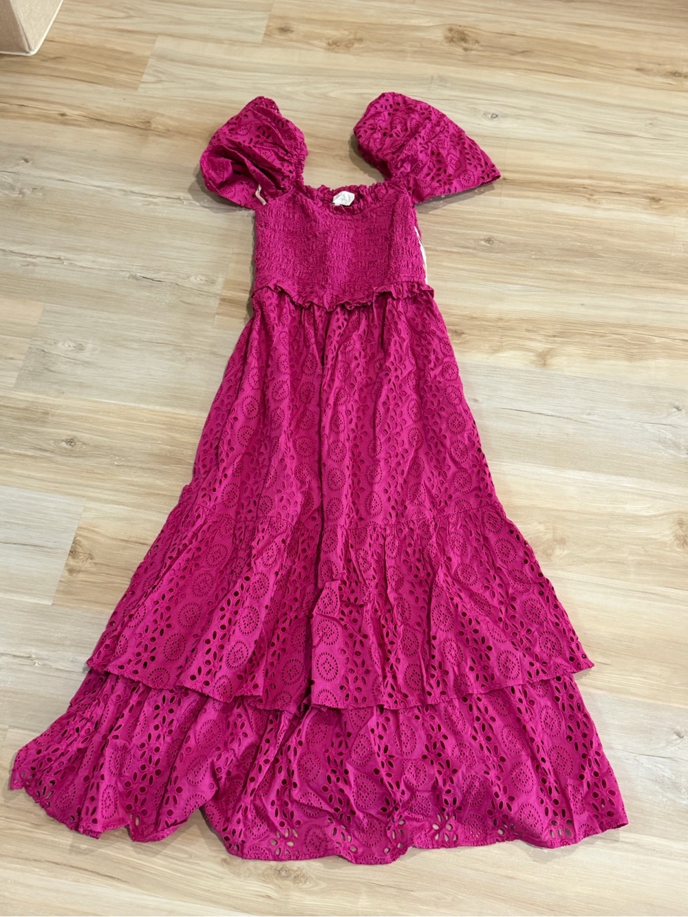 Fuchsia Lace Maxi Dress with Puff Sleeves